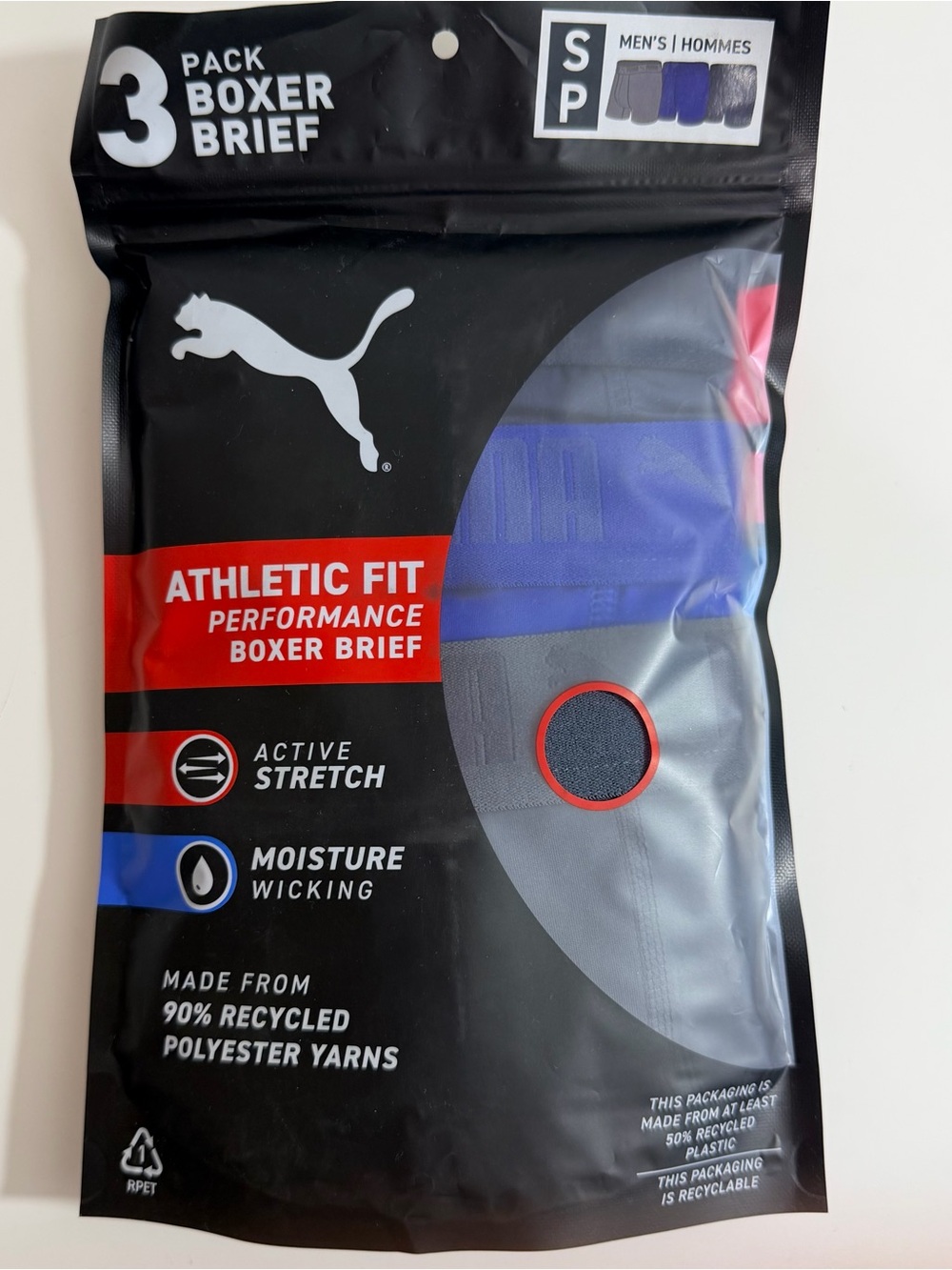 PUMA Mens 3-Pack Athletic Fit Performance Boxer Brief Blue Small